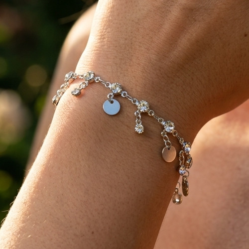 Elegant Silver Tone CZ Disc Bracelet Minimalist Bohemian Adjustable Chain Jewel