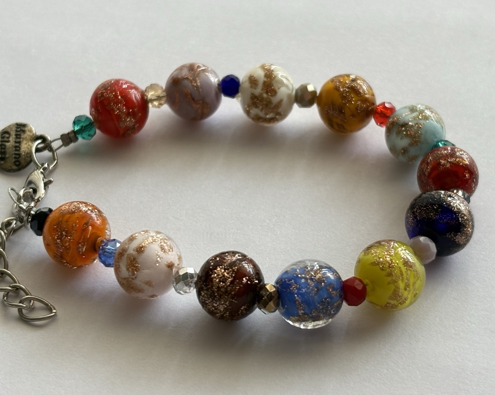 Vintage Murano Glass Bead Bracelet 7”- 8.25in Adjustable Multi Color Glass Beads
