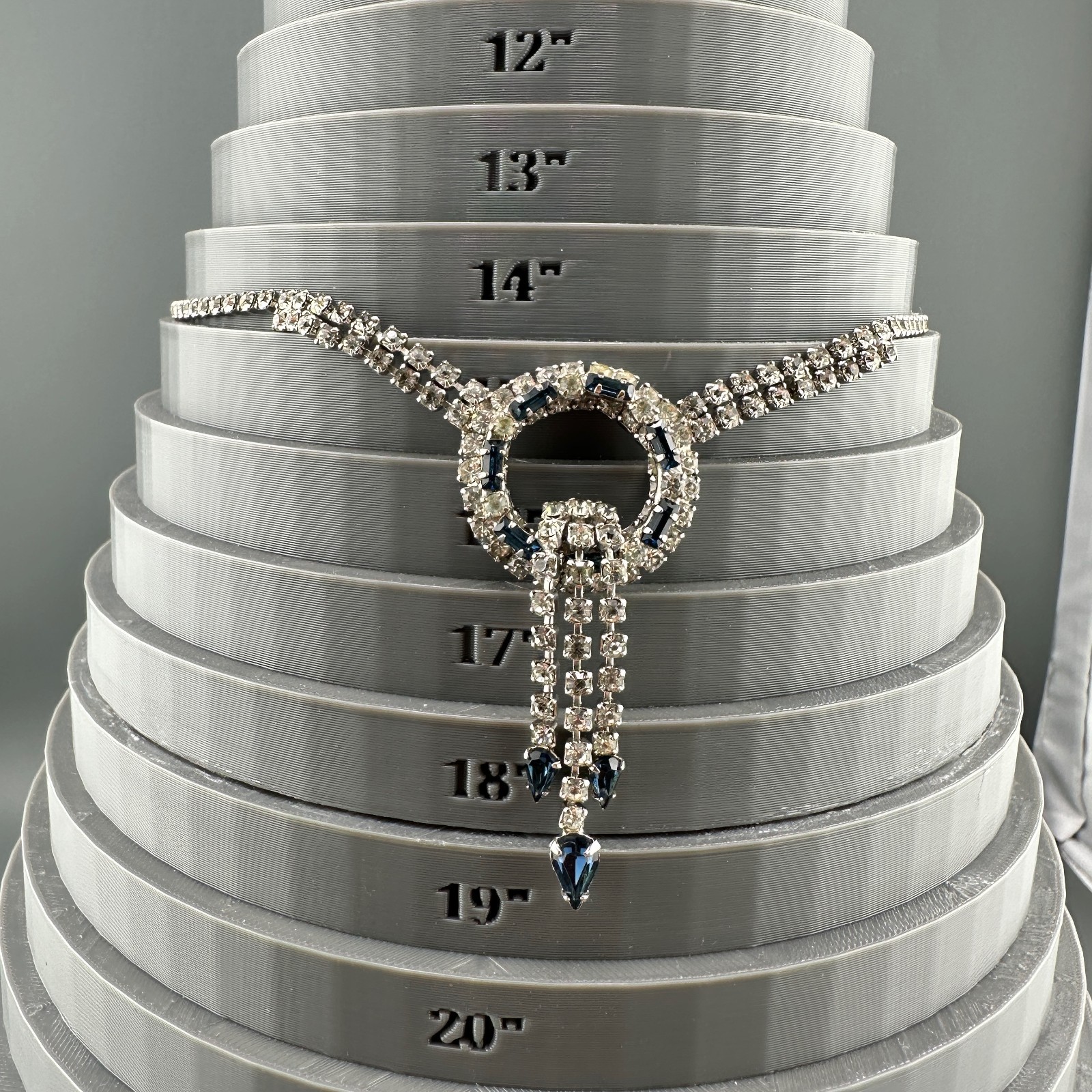 Vintage Rhinestone Necklace Earrings Set Blue Clear Circle Tassel Cup Chain