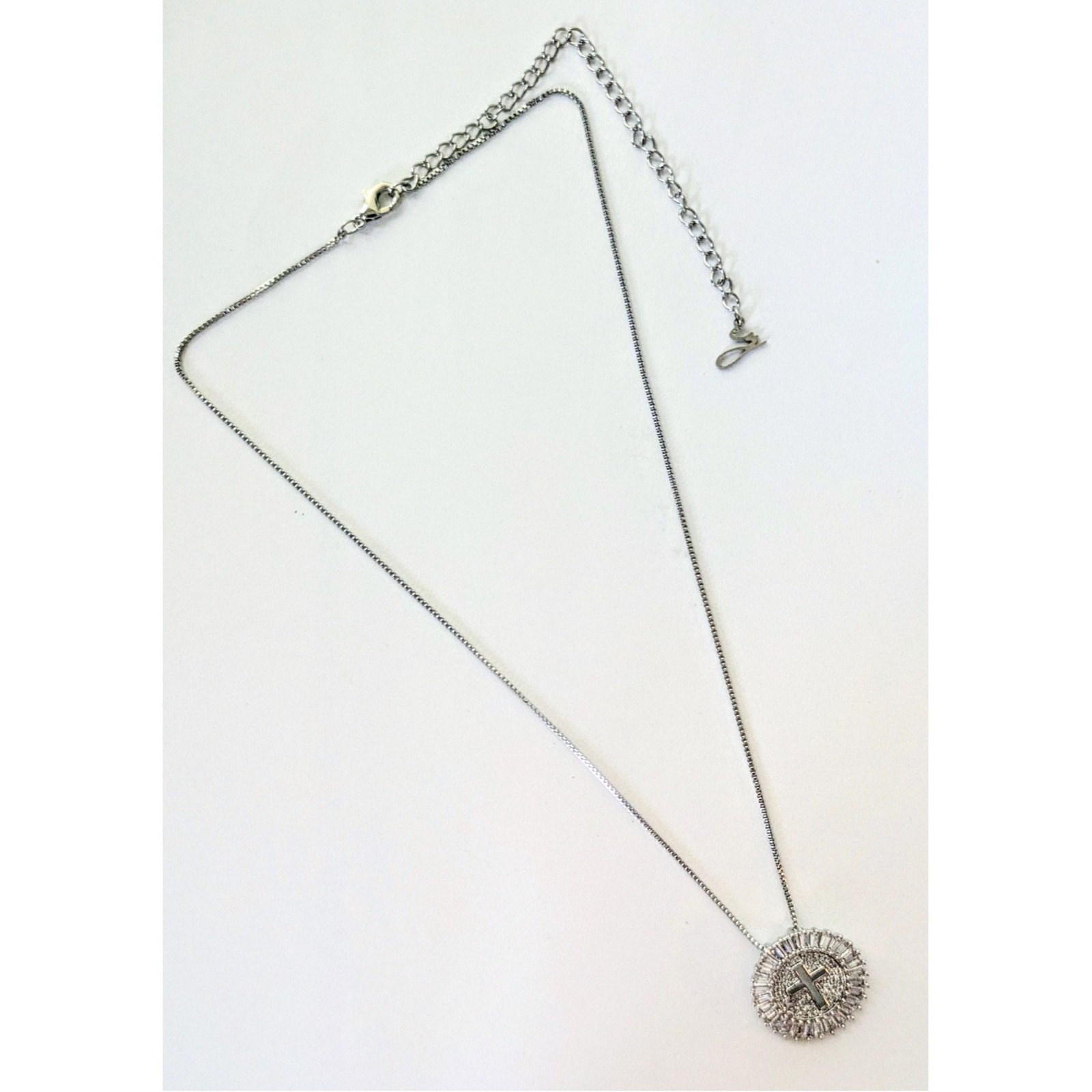 Rhodium Plated Pave Baguette C.Z. Stone Holy Cross Pendant Chain Necklace 16-20″