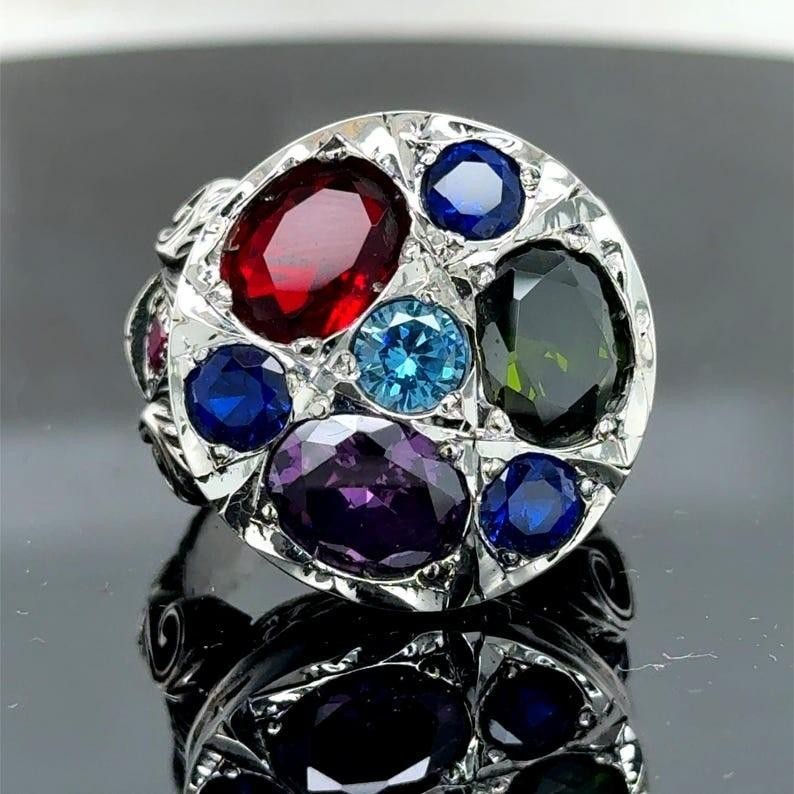 925 Silver Artisan Crafted Multi Stone Engraved Statement Ring