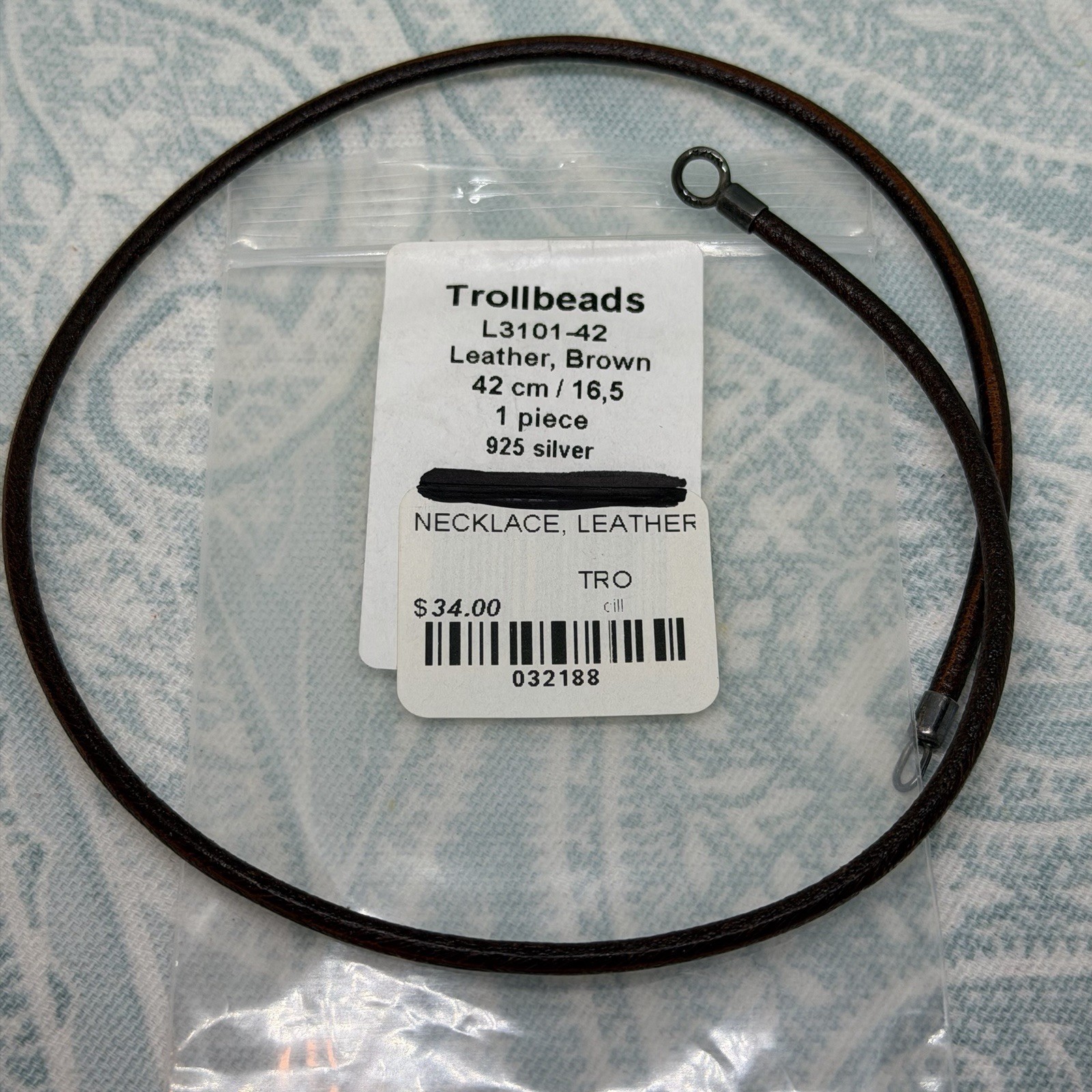 Authentic Trollbeads Brown Leather Necklace 16.5 inch/42 cm, New