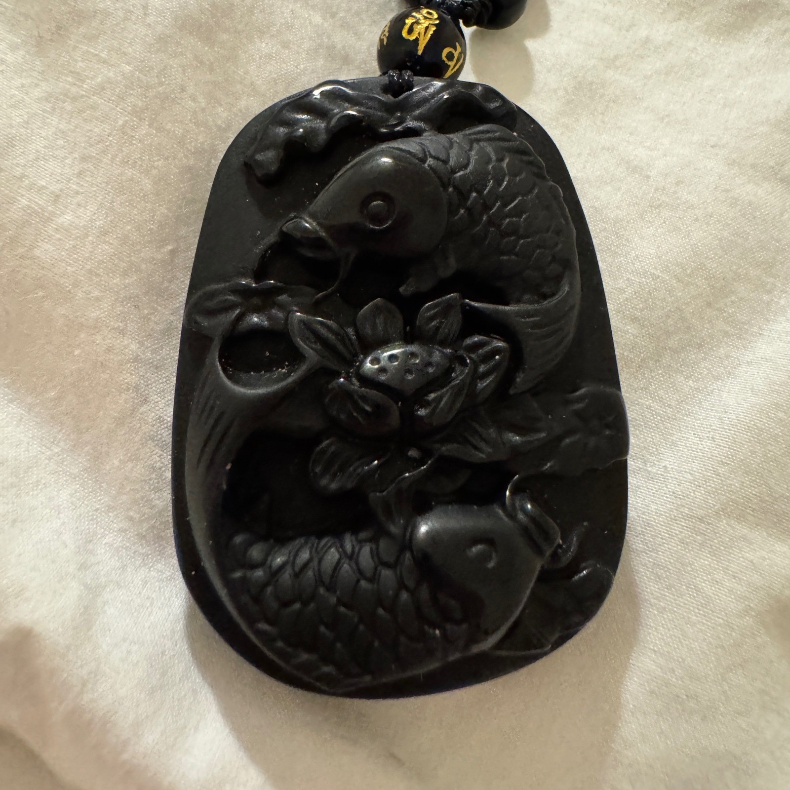 Black Obsidian Koi Fish Lotus Pendant Necklace Carved Stone Beaded Mantra Charm