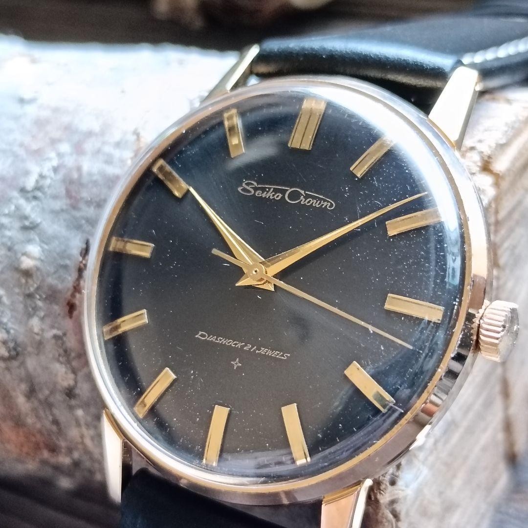 SEIKO Crown J15003E Watch Hand-Wound Black Dial Gold Plated