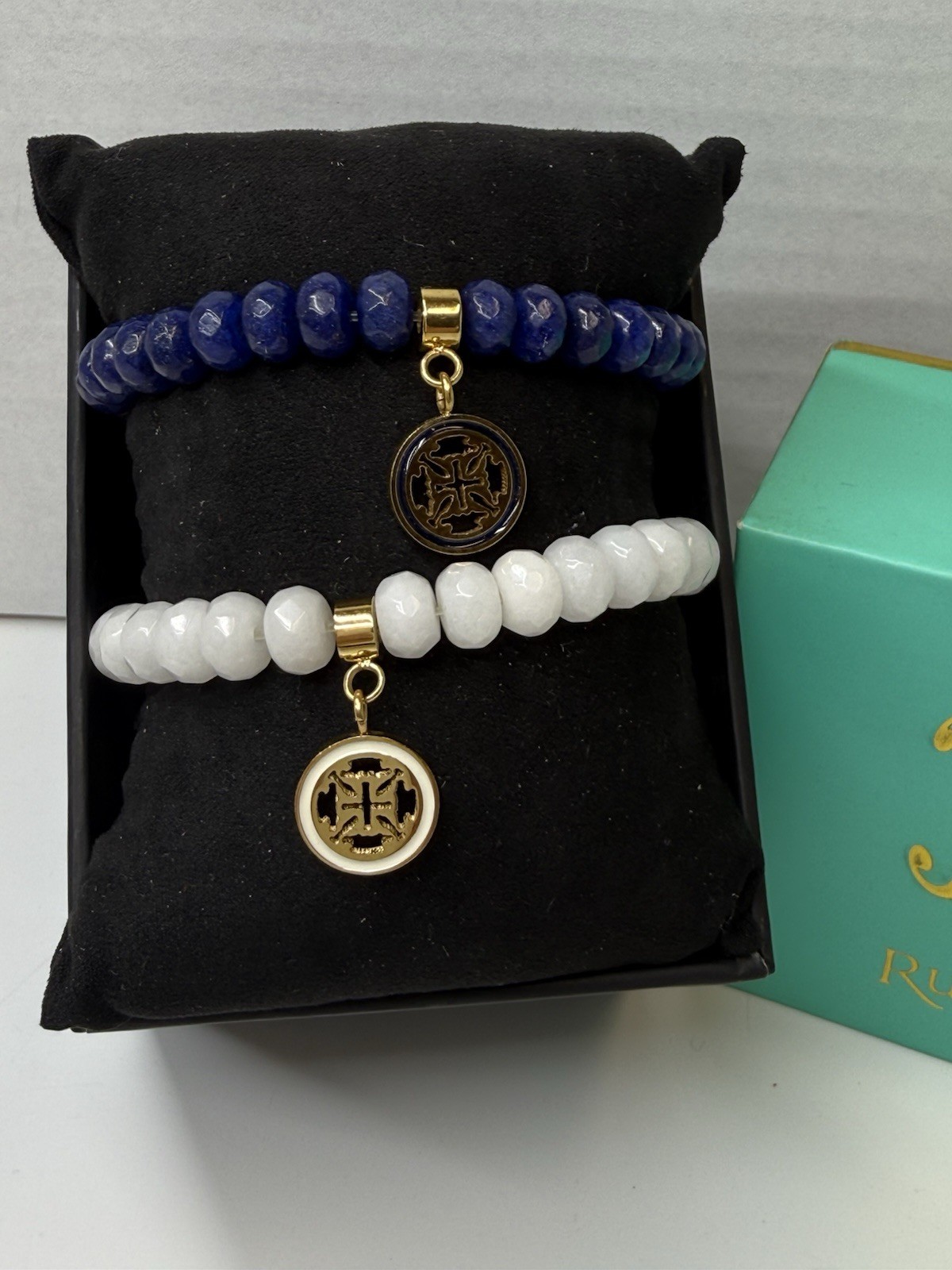 Rustic Cuff 2 Piece Blue & White Natural Stone Beaded Charm Bracelet Set New