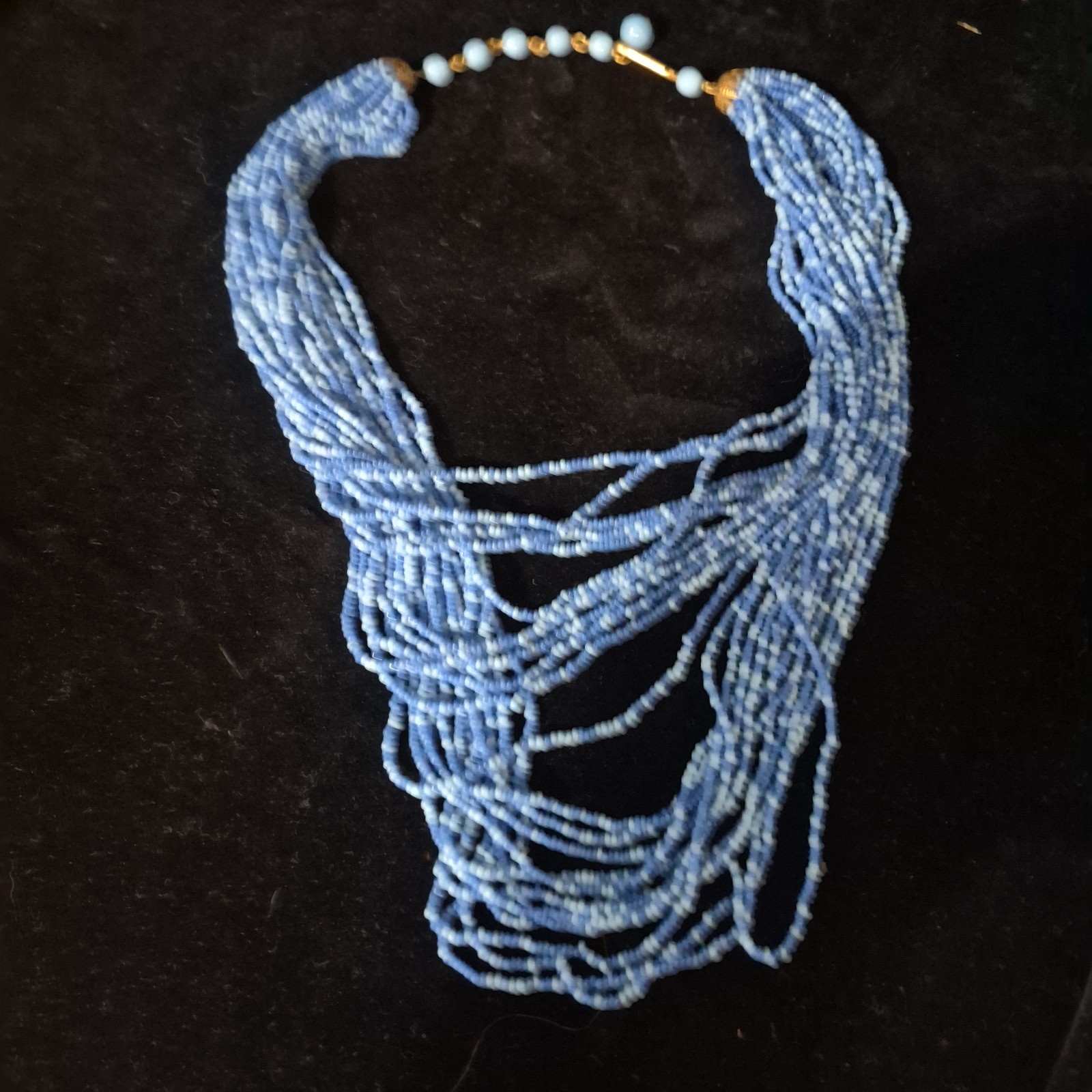 Vtg Boho Multi Strand Blue “Waterfall” Seed Beed Necklace Layered Bib Statement