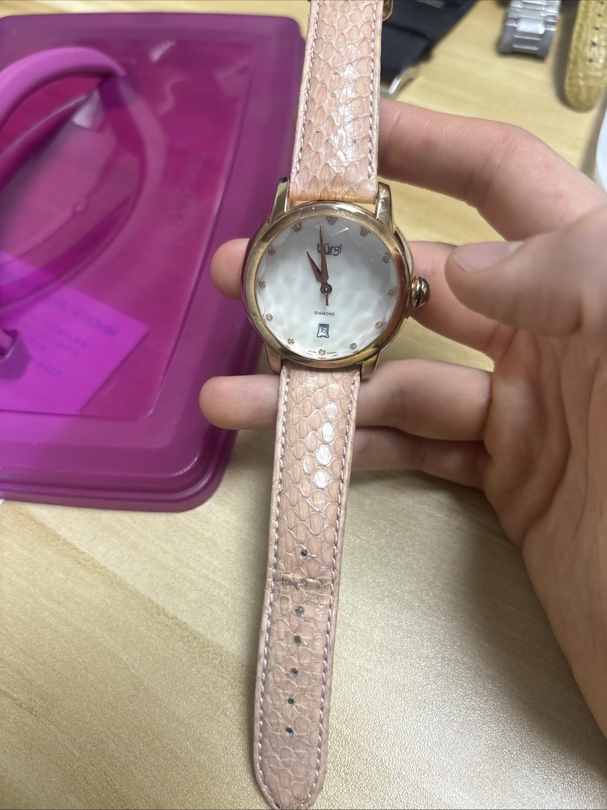 RUNNING Bürgi BUR014P Swiss Quartz Diamond Mother of Pearl & Genuine Snake Watch