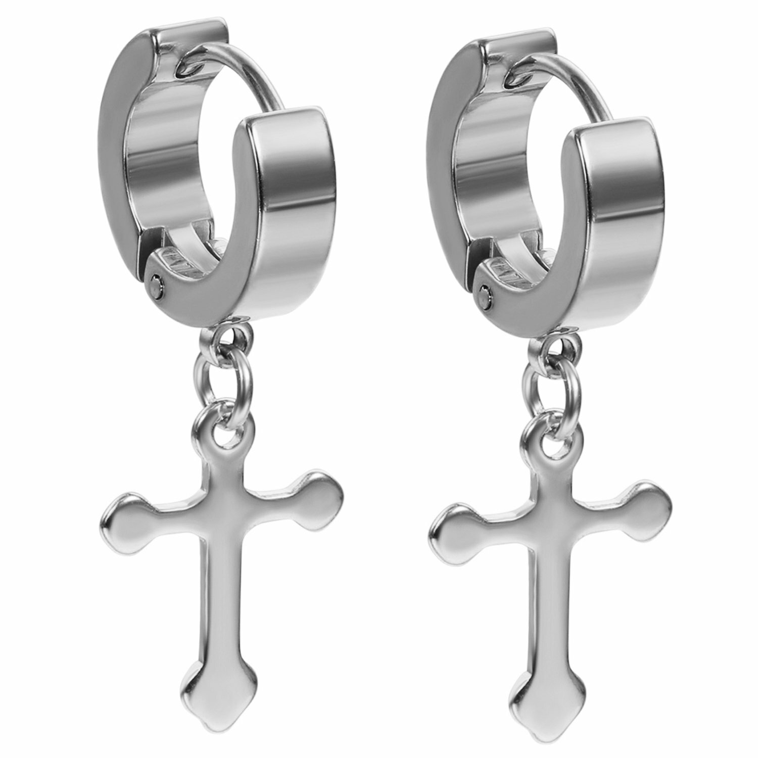 2pcs Men Women Stainless Steel Cross Dangle Hoop Huggie Hinged Stud Earrings Ear
