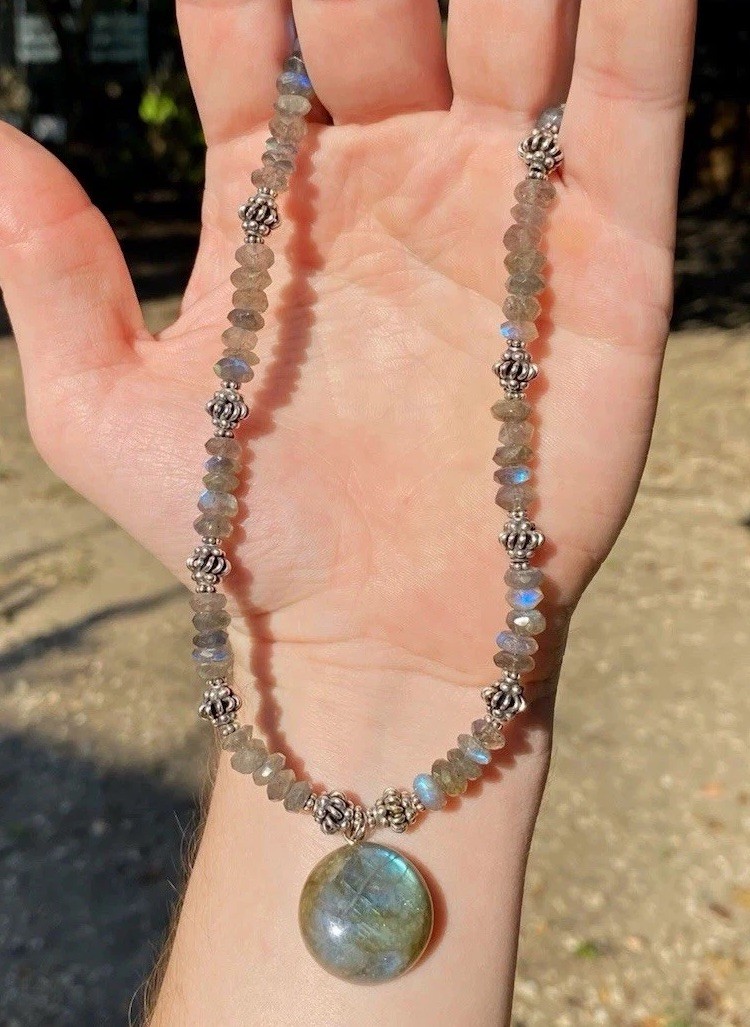 Handmade Labradorite Gemstone Necklace w/ 925 Silver Spacers & Hook Clasp 18”