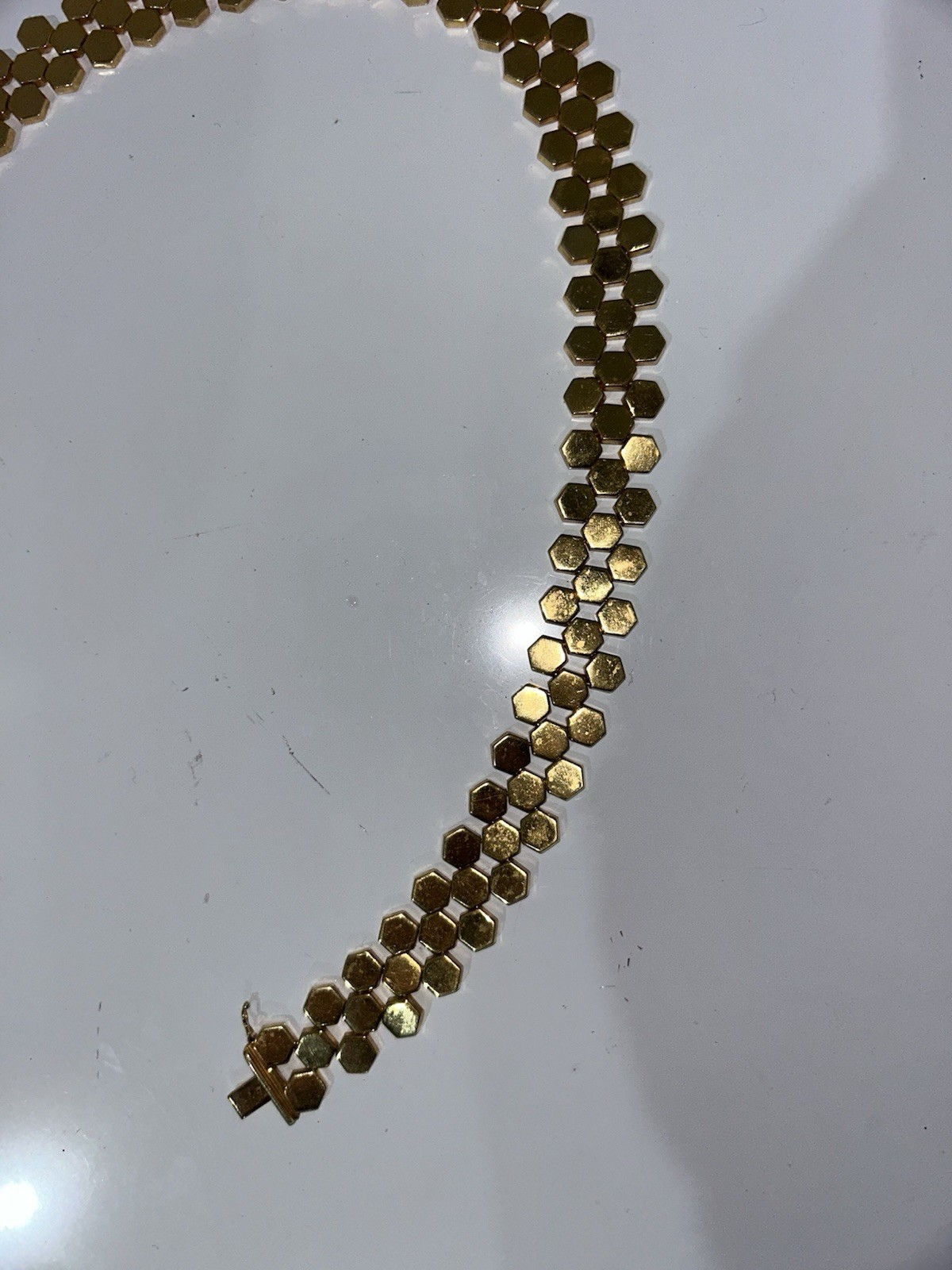 14K Yellow Gold Italy Honeycomb Hexagon Link Necklace 60g Vintage Estate