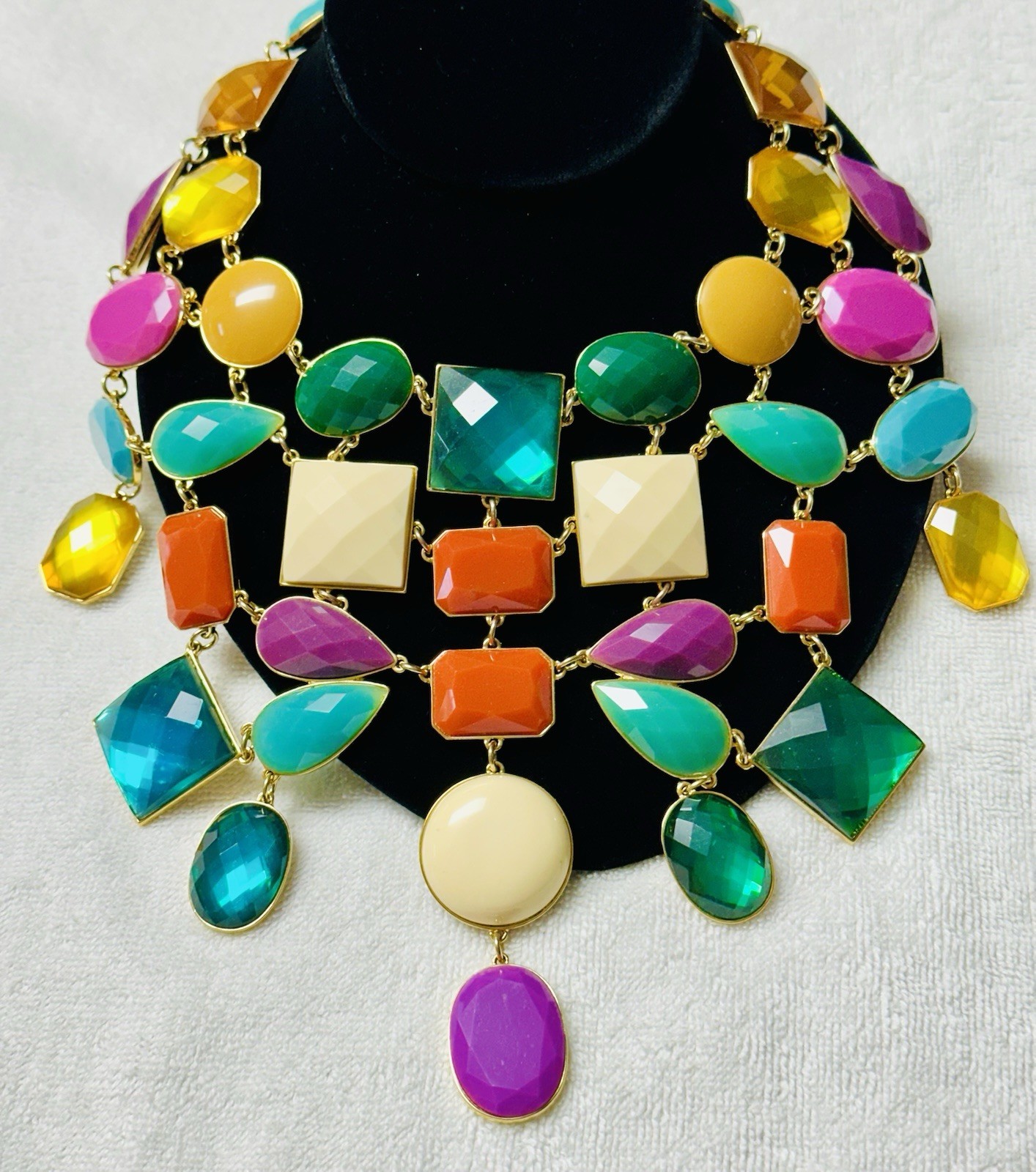 Statement HUGE Bib Colorful Blue Gold Purple Cabochon Collar Necklace n0115