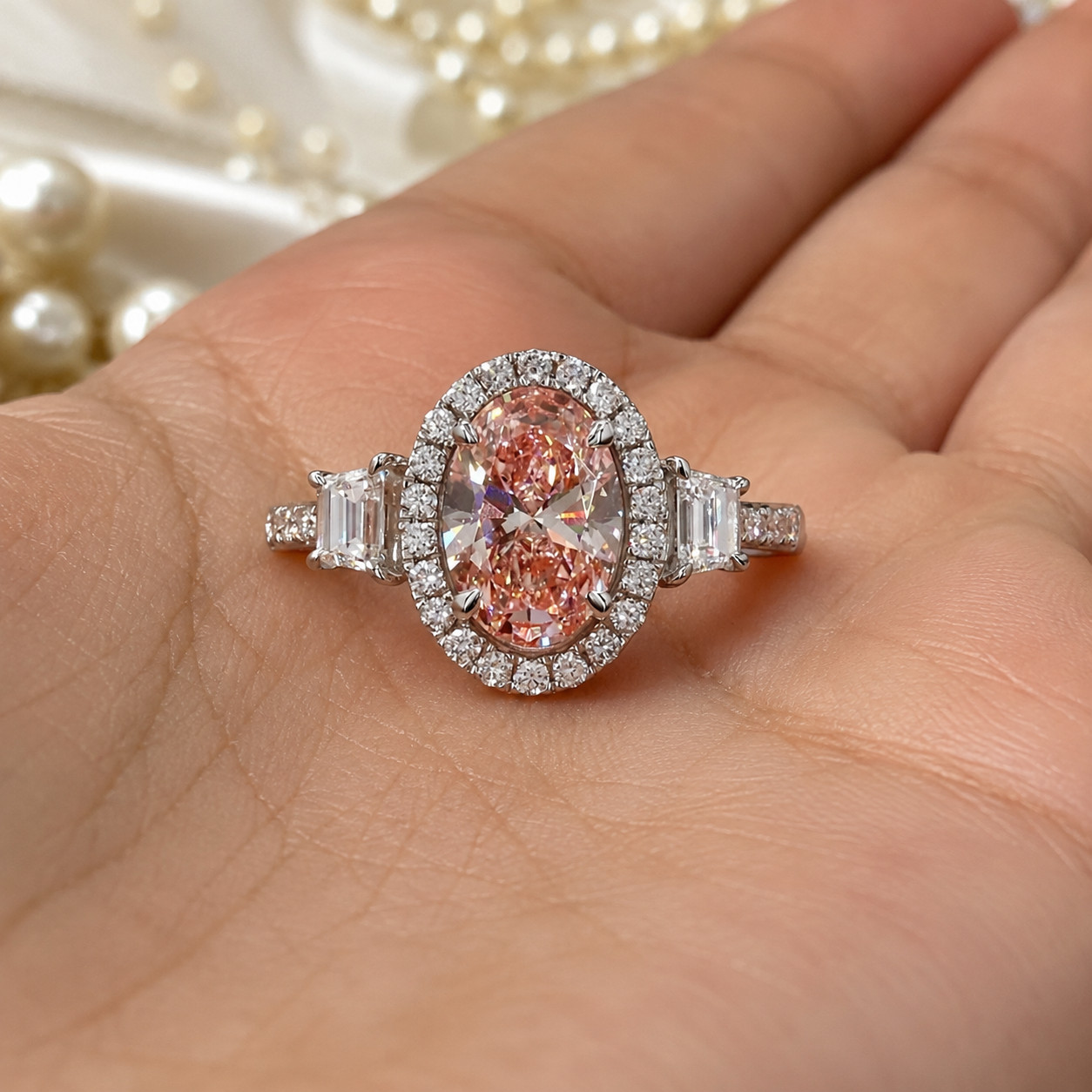 Fancy Vivid Pink Diamond Ring IGI Lab Created 5.00 Carat Oval Cut 18k White Gold