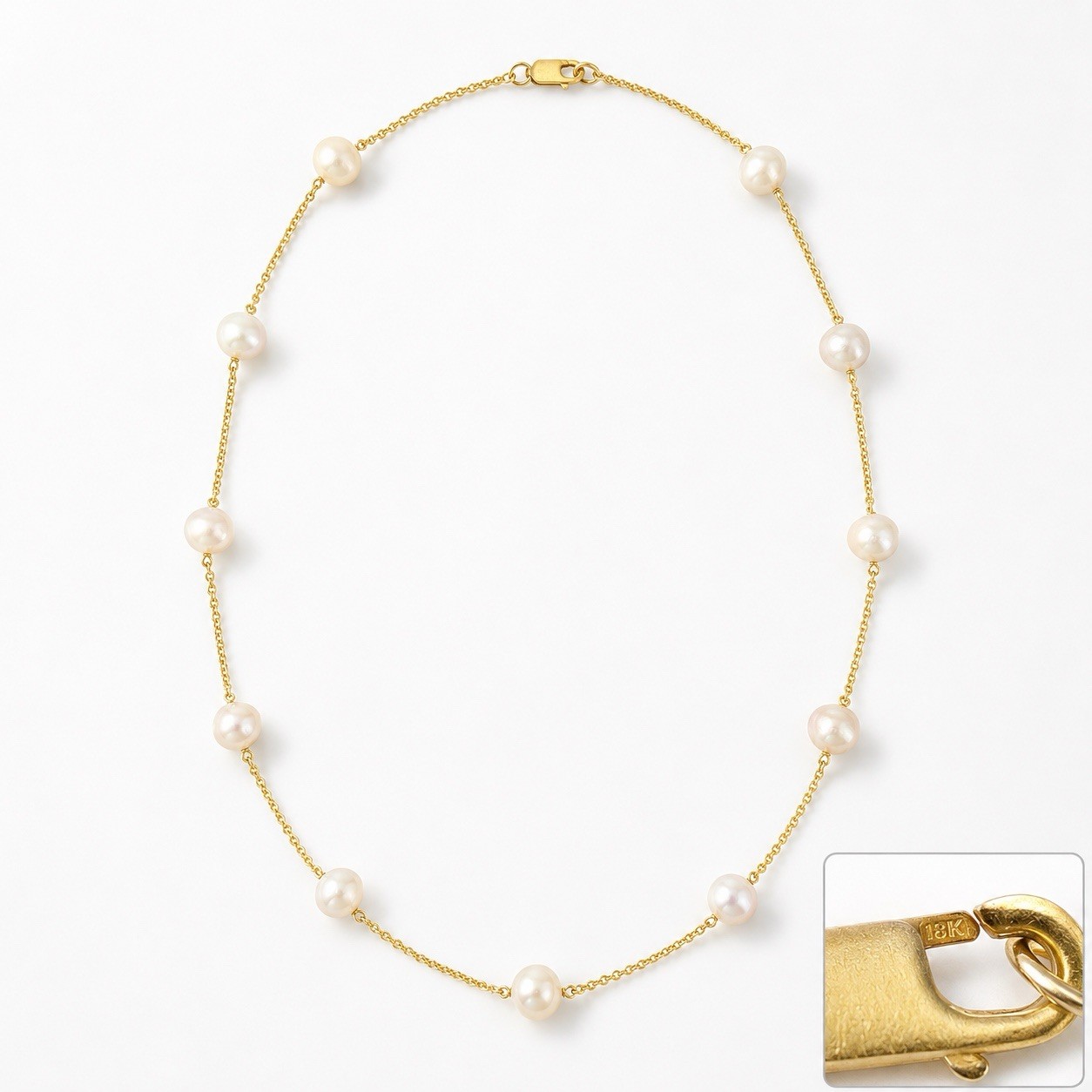 18K Yellow Gold JSP Tested Pearl Station Necklace 11 Real Pearls 12g