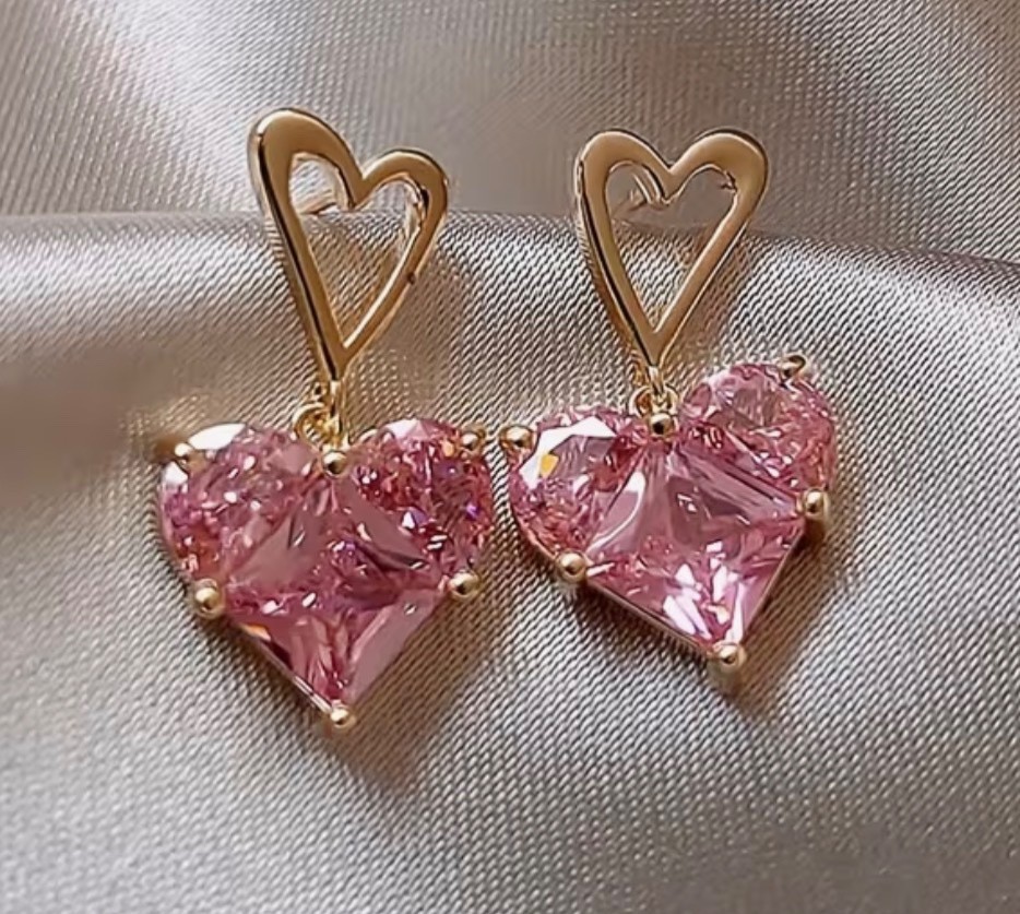 3pc Pink Heart Necklace & Earrings Set Y2K Shimmering Women’s Jewelry Gift Y5