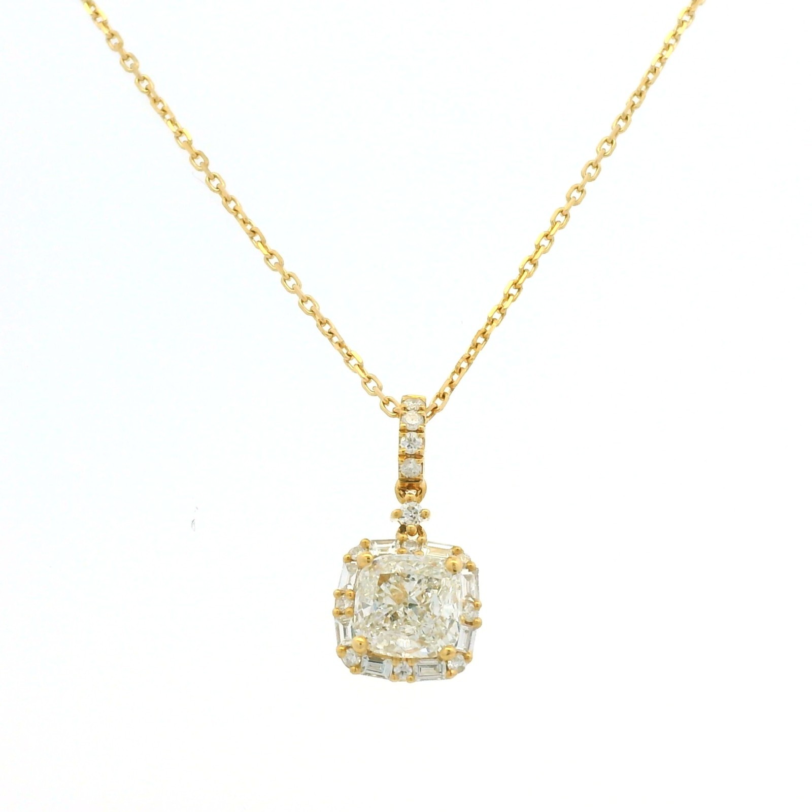 GIA 18K Yellow Gold 1.00 Carat Cushion Cut Diamond Halo Pendant Necklace