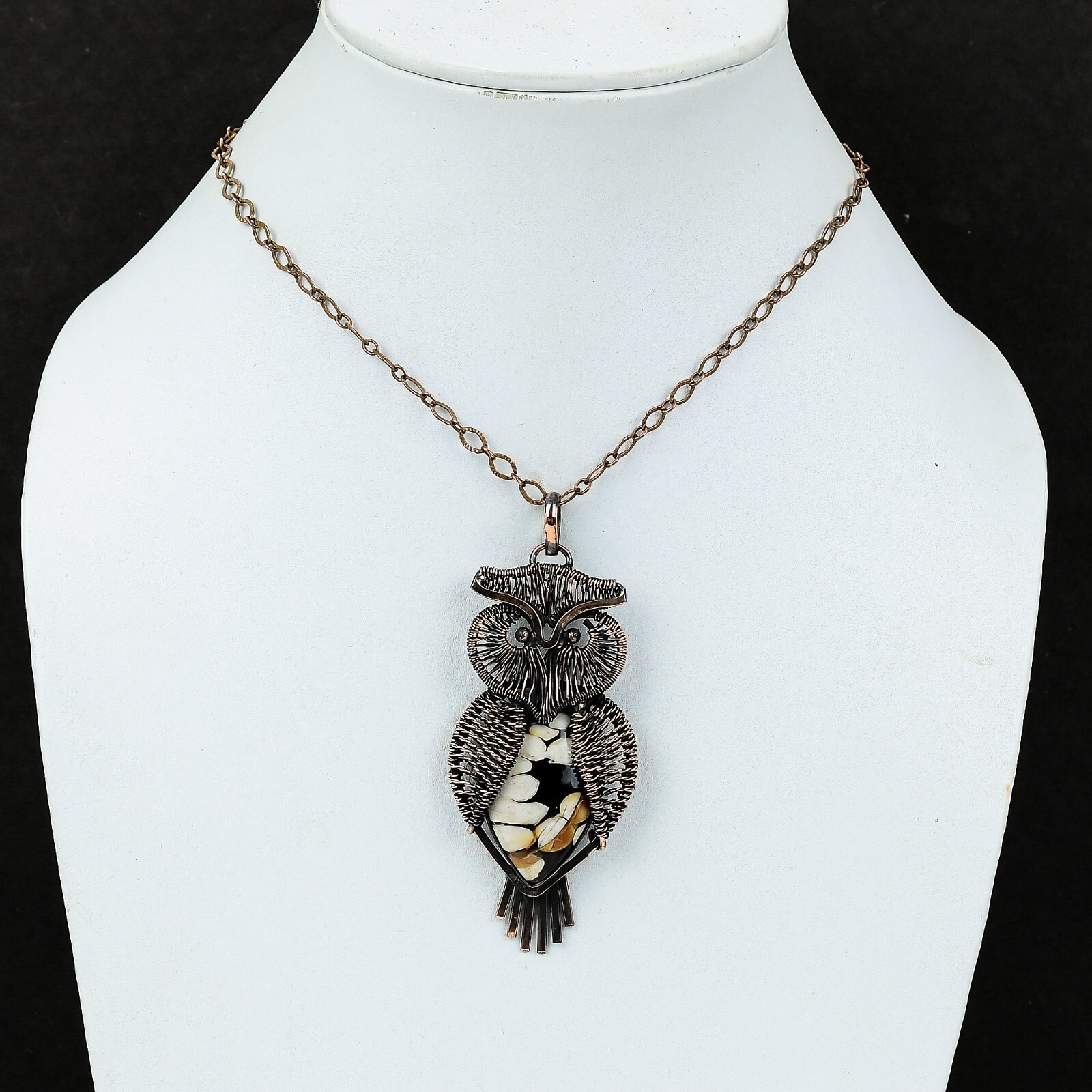 Gift For Her Peanut Wood Jasper Wire Wrapped Owl Pendant Copper Jewelry 3.39″