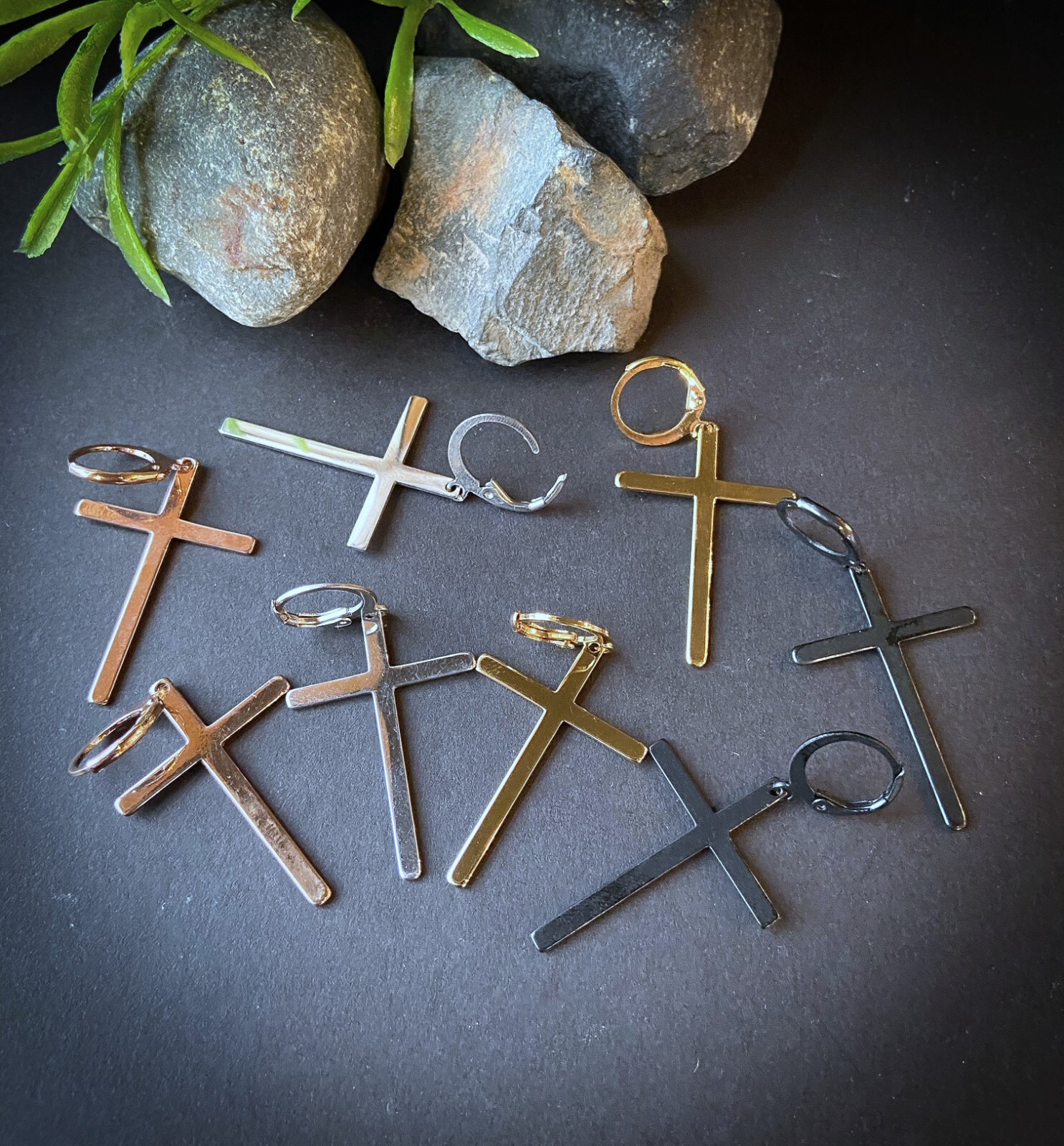 PAIR Hoop Earrings w/ Large Cross Dangle Stainless Steel – Gold, Black or Silver