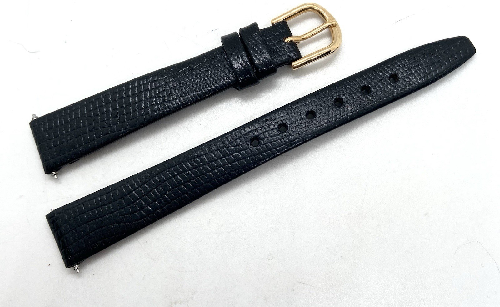 NEW NOS Watch Band 13mm Lug Black Lizard Calf Leather Gold Buckle W/Spring Bars