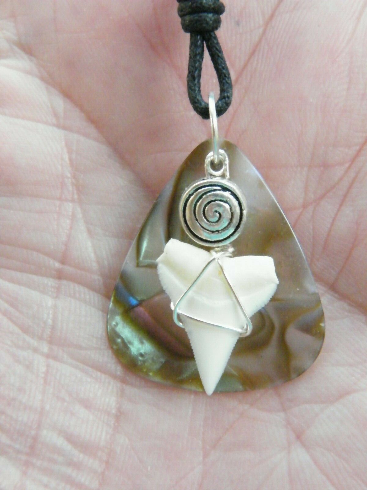 SHARK Fossil Tooth Necklace Real Teeth Faux Abalone Sea Shell 16″-28″ Cord NEW!