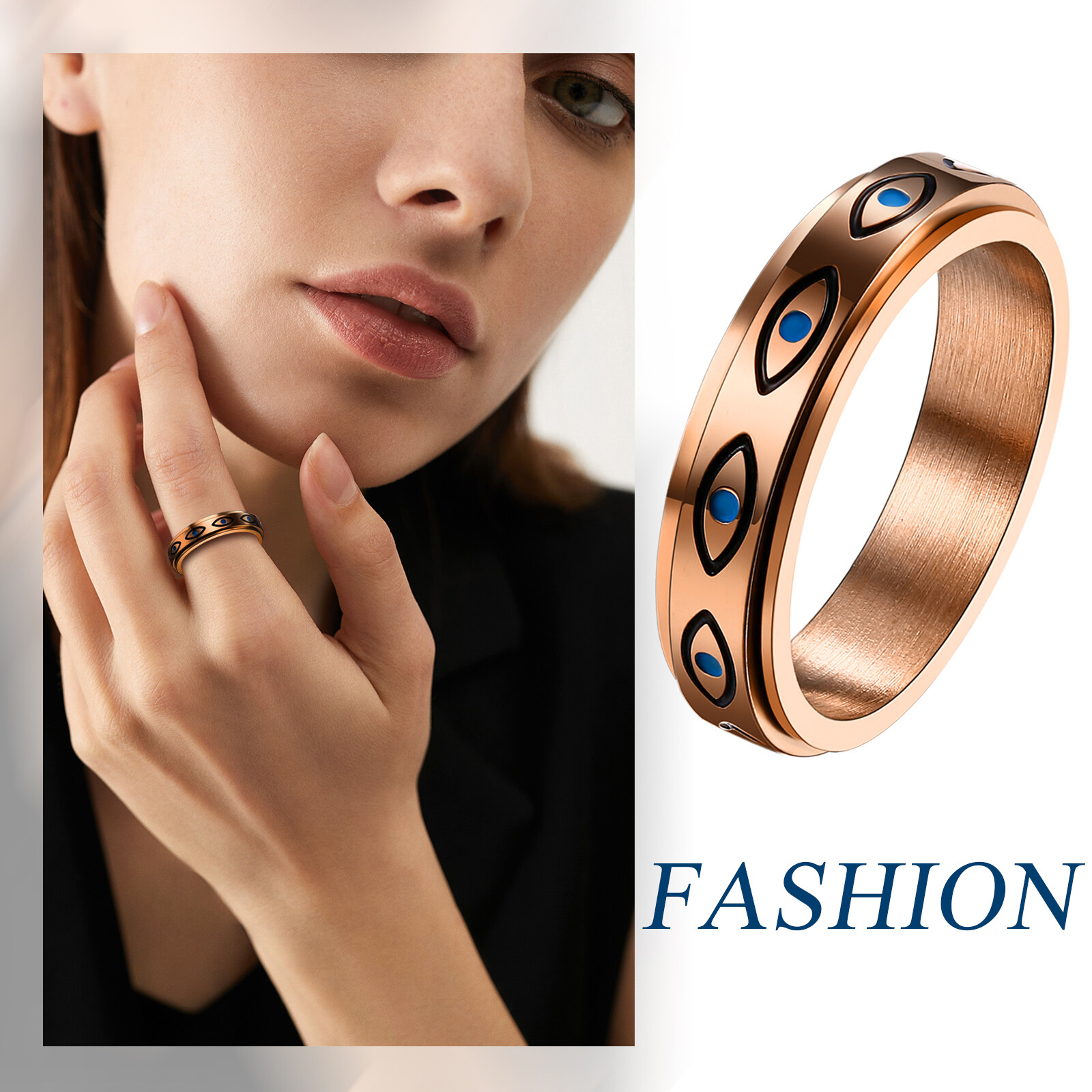 Evil Eye Spinner Ring Anti Anxiety Fidget Stainless Steel Rotate Band Men Women