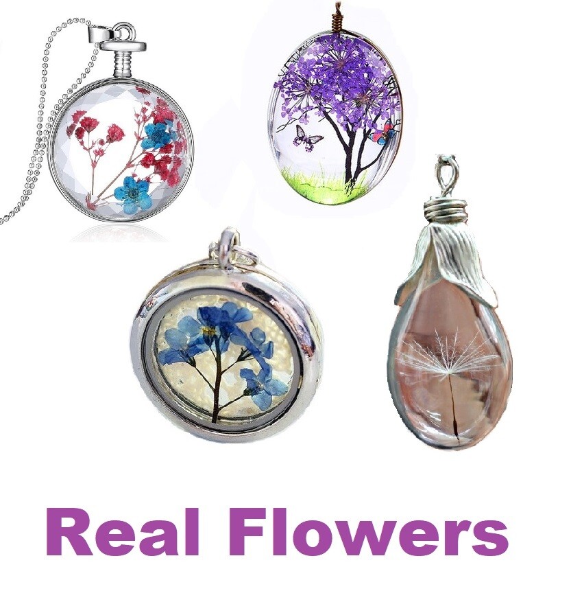 REAL DRIED PRESSED FLOWER NECKLACE HANDMADE SILVER PLATED JEWELLERY PENDANT GIFT