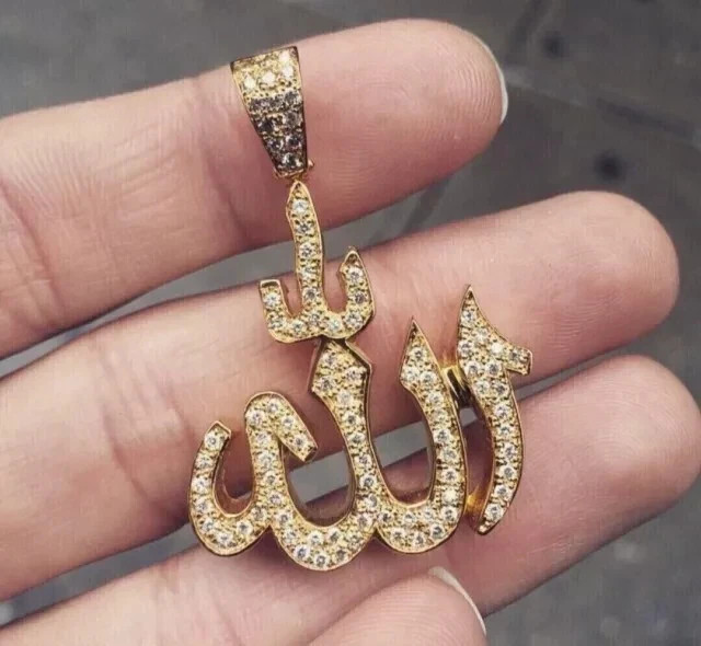 2Ct Round Cut Lab Created Diamond Men Allah Charm Pendant 14k Yellow Gold Plated