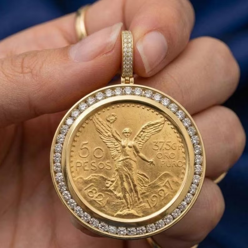 50 Pesos Coin Pendant Lab Diamond Bezel 14K Gold Plated Centenario Medallion