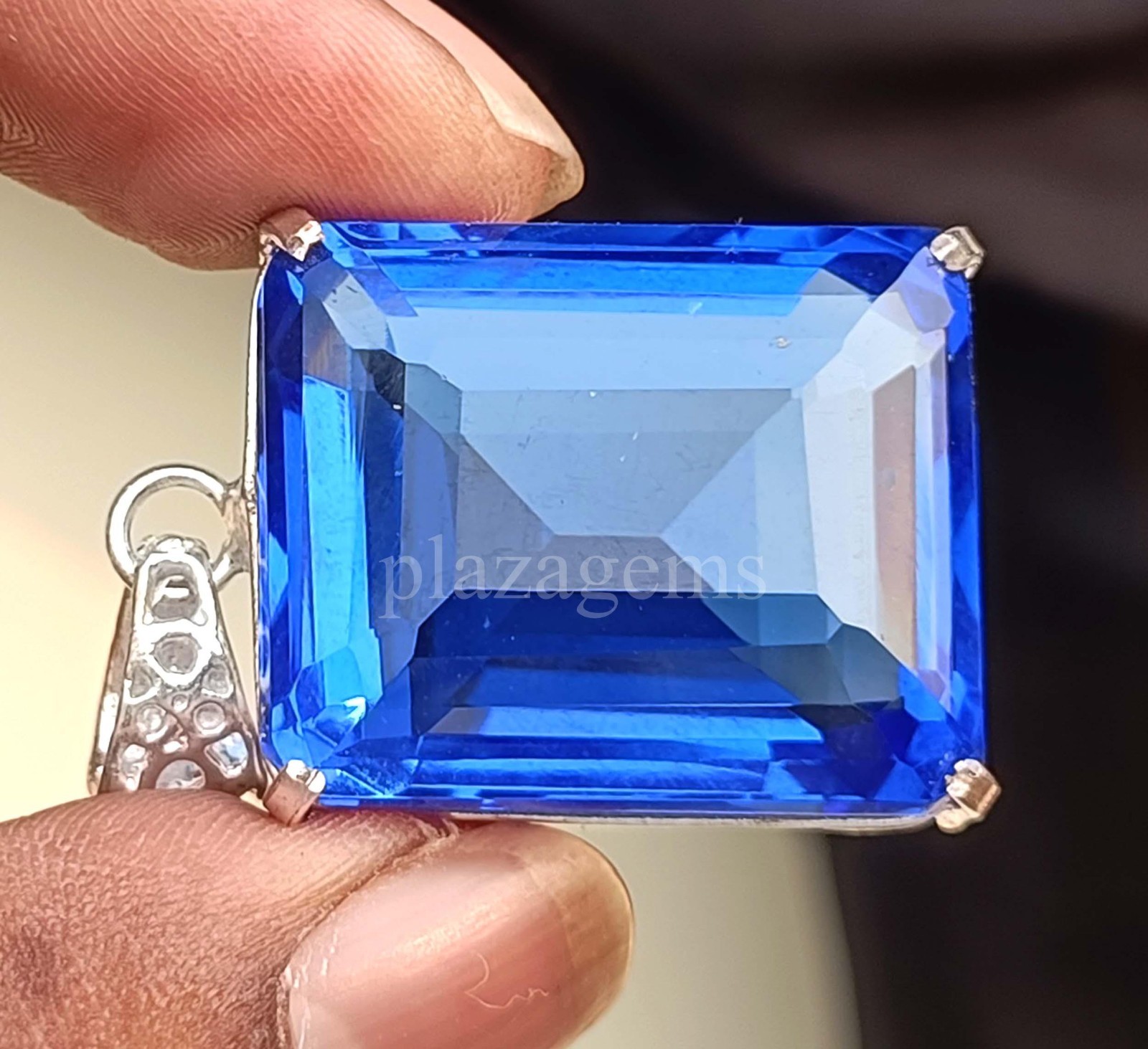 EGL Certified 97.75 Ct Blue Sapphire Emerald Cut Pendant 925 Silver Chain 5NSB