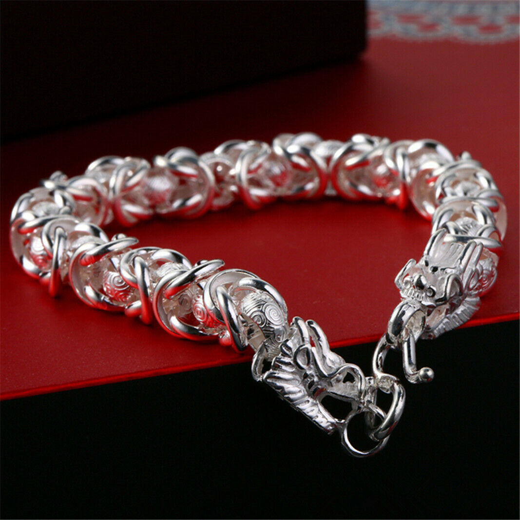 Fine Pure S999 Sterling Silver Bracelet Women Men Dragon Head Engrave Link