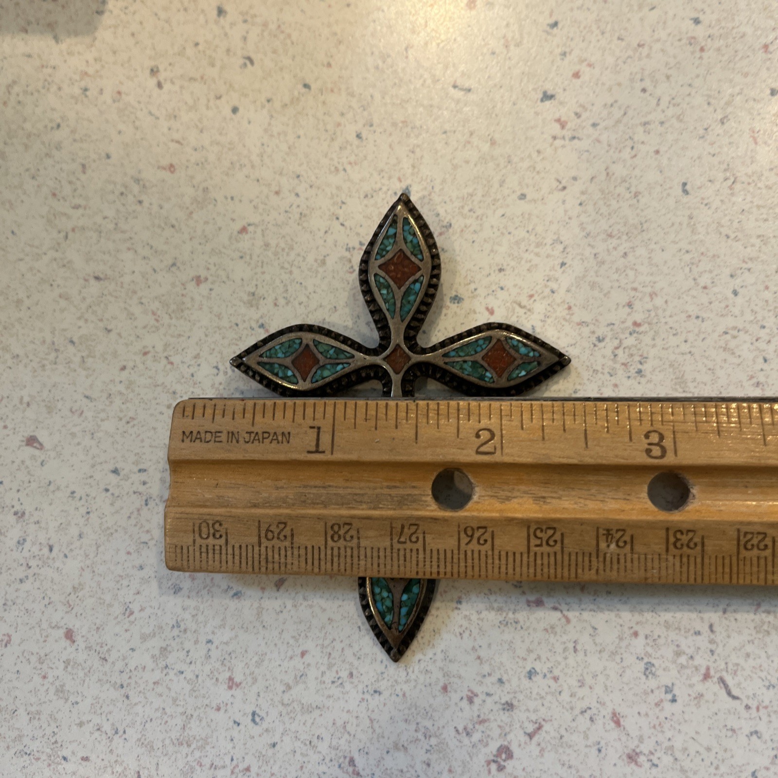 Collectible Vintage Zuni Turquoise & Coral 925 Cross Pend.