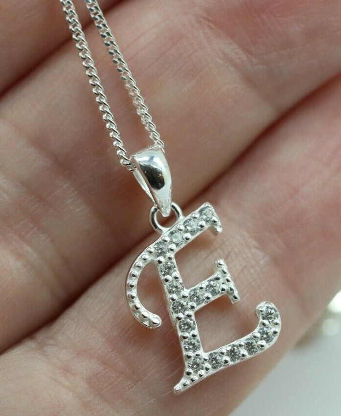 Sterling Silver CZ Initial E Pendant with 45cm + 5cm Extender Chain -Free post