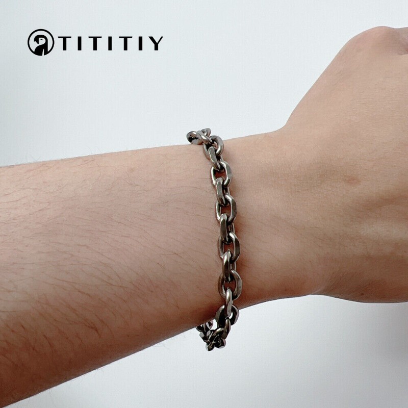 TA1 7mm Pure Titanium Diamond Cut Link Chain Bracelet Men Women Ultra Light Gift