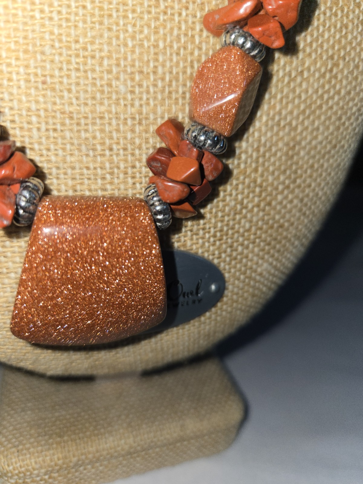 Owl Jewelry brown cord necklace sparkling goldstone pendants and Red Chip Stone
