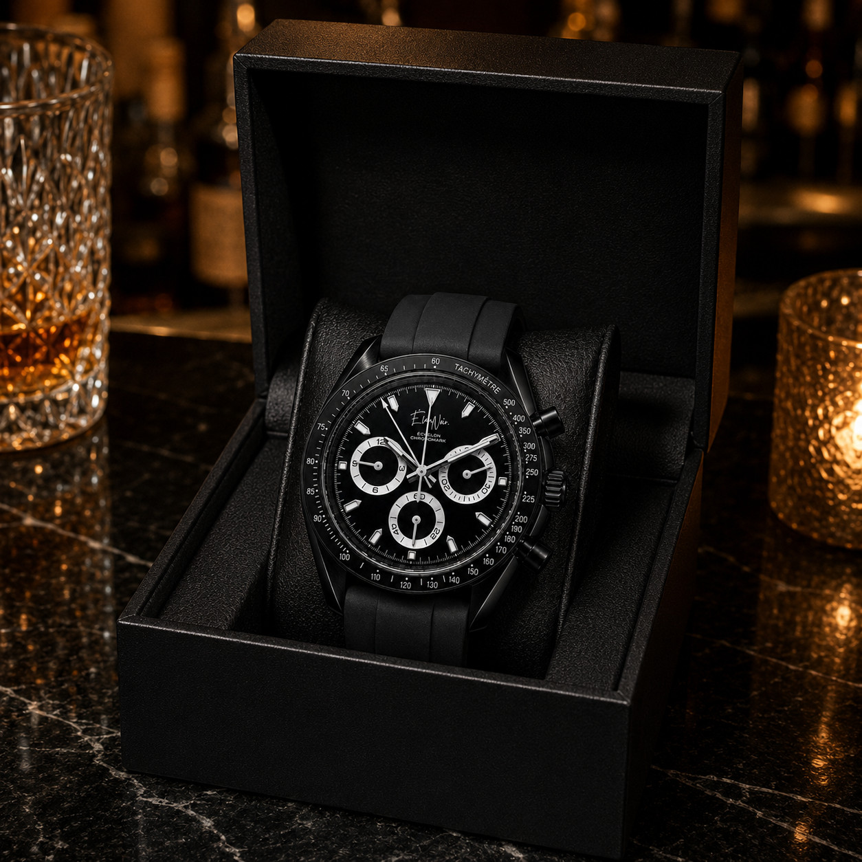 Custom Élan Noir Mens Chronograph Watch Black Dial Sapphire Crystal Steel 40mm