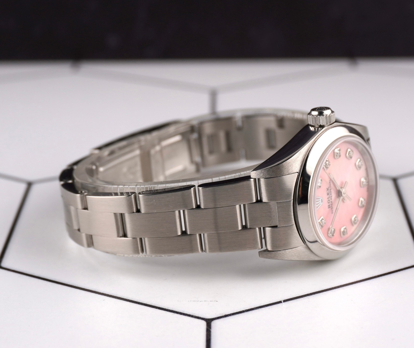 Rolex Oyster Perpetual 25mm Steel Pink MOP Diamond Smooth Oyster Watch 67180