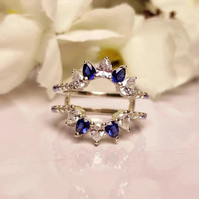 Pear Cut Lab Created Blue Sapphire Wrap Guard Band Ring 14k White Gold Plated