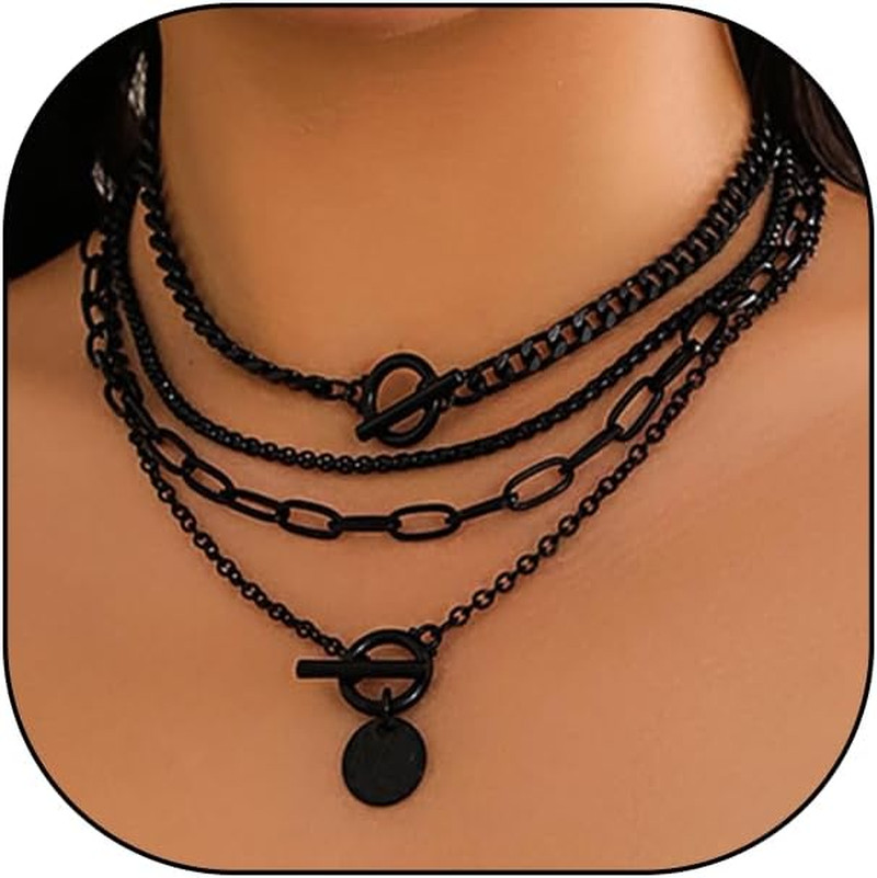 Gold Layered Stack Necklace Set for Women, Retro Thick Cuban Chain Coin Medallio