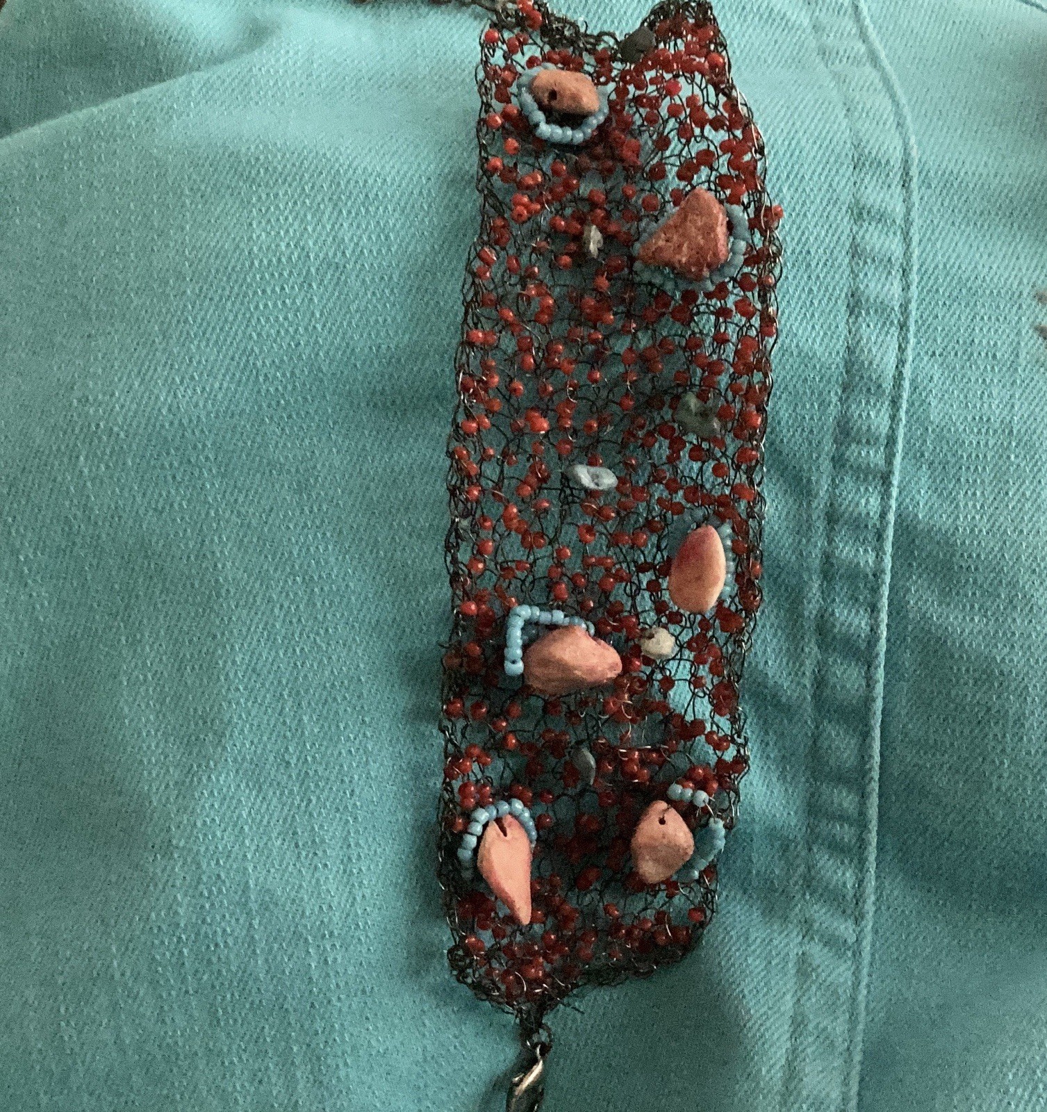 Handmade Knitted Wire, Bead, and Stone Bracelet Red and Aqua – One Of A Kind