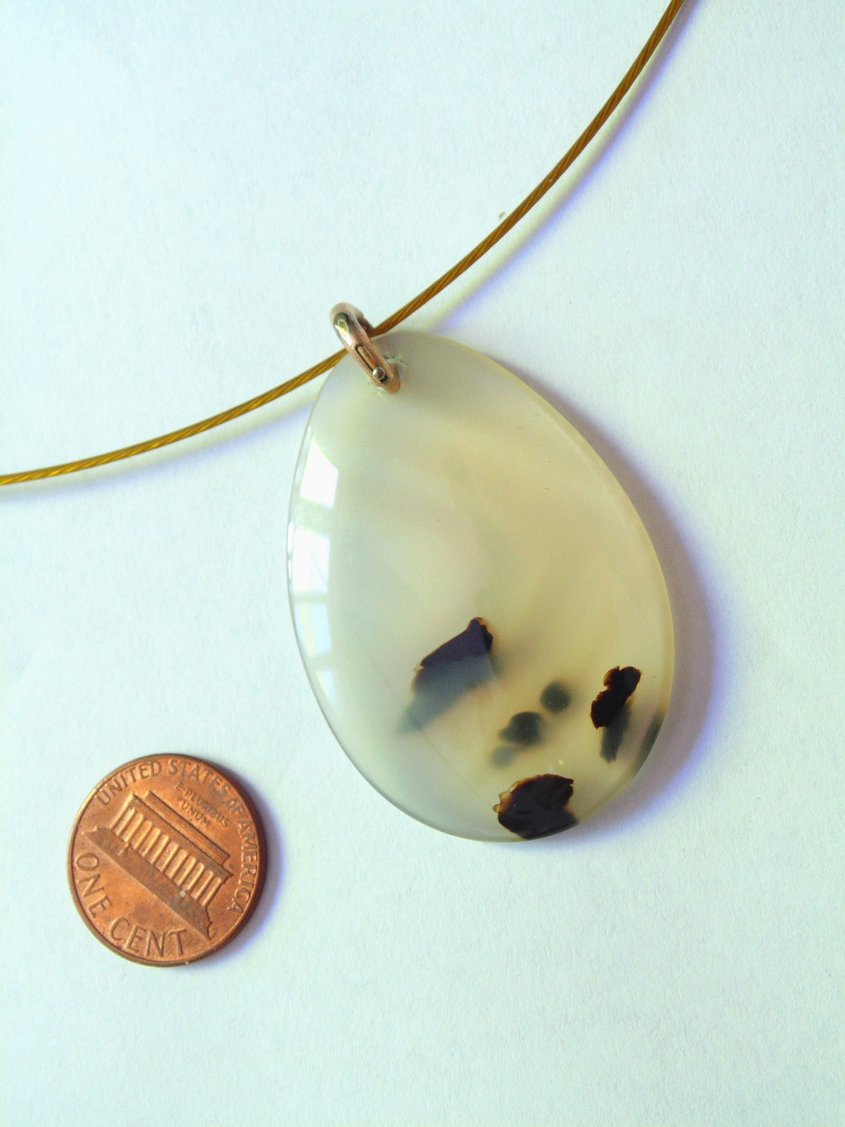 Vtg Montana Agate Drop Dangle Pendant Necklace 18.5″ Coated Gold Wire Choker