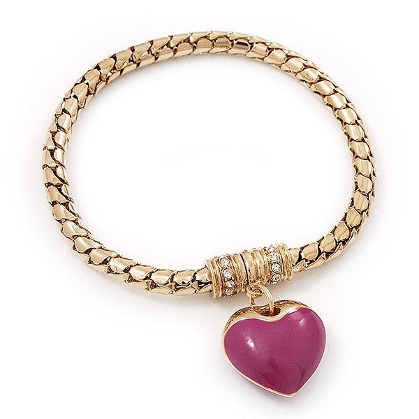 Gold Plated Magnetic Pink Enamel Heart Charm Bracelet – up to 18cm Length