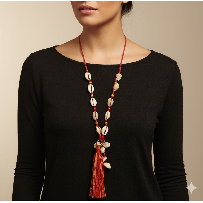 MIA Collection Cowrie Shell Tassel Long Necklace Red Cord Adjustable Boho Women