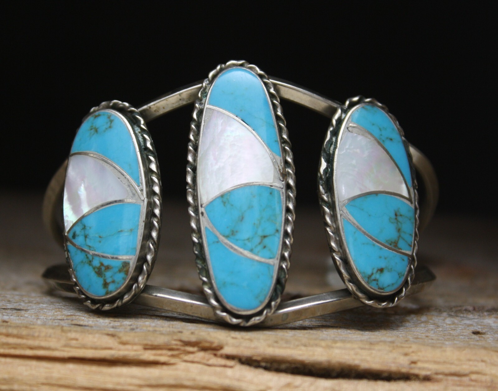 Vintage Native American Navajo Turquoise Mother of Pearl Nickle Silver Bracelet