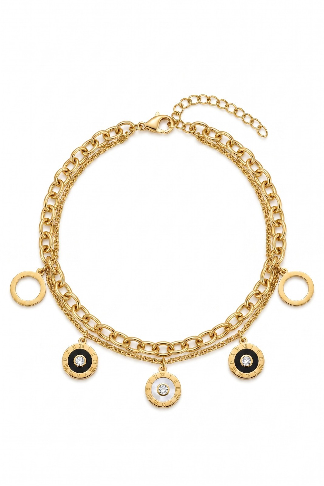 Stainless Steel 18K Gold Plated Roman Numerals Layered Charm Bracelet Jewelry
