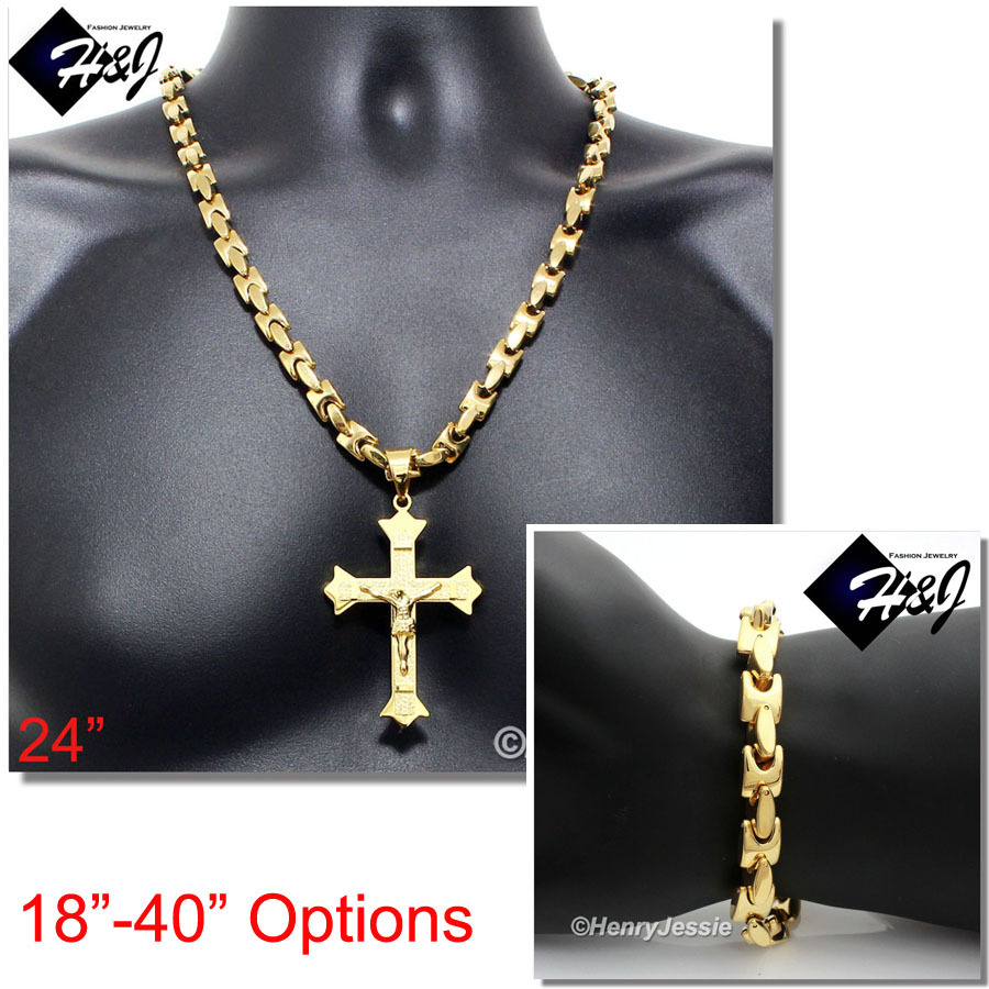 18-40″Stainless Steel 8mm Gold Plated Bones Necklace Bracelet Cross Pendant*J28