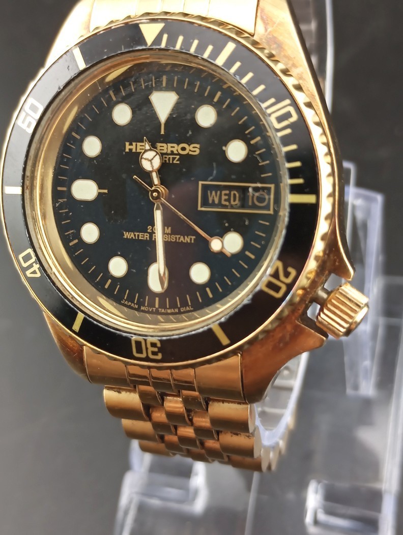 w/Video: Sharp Looking Helbros 36mm Goldtone/Black Bezel Day/Date Dive Watch