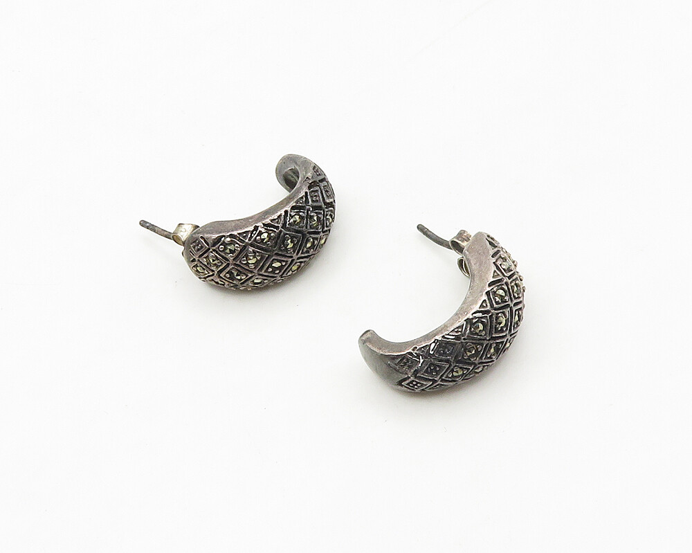 925 Silver Vintage Marcasite Diamond Shape Pattern J Hoop Earrings EG9168