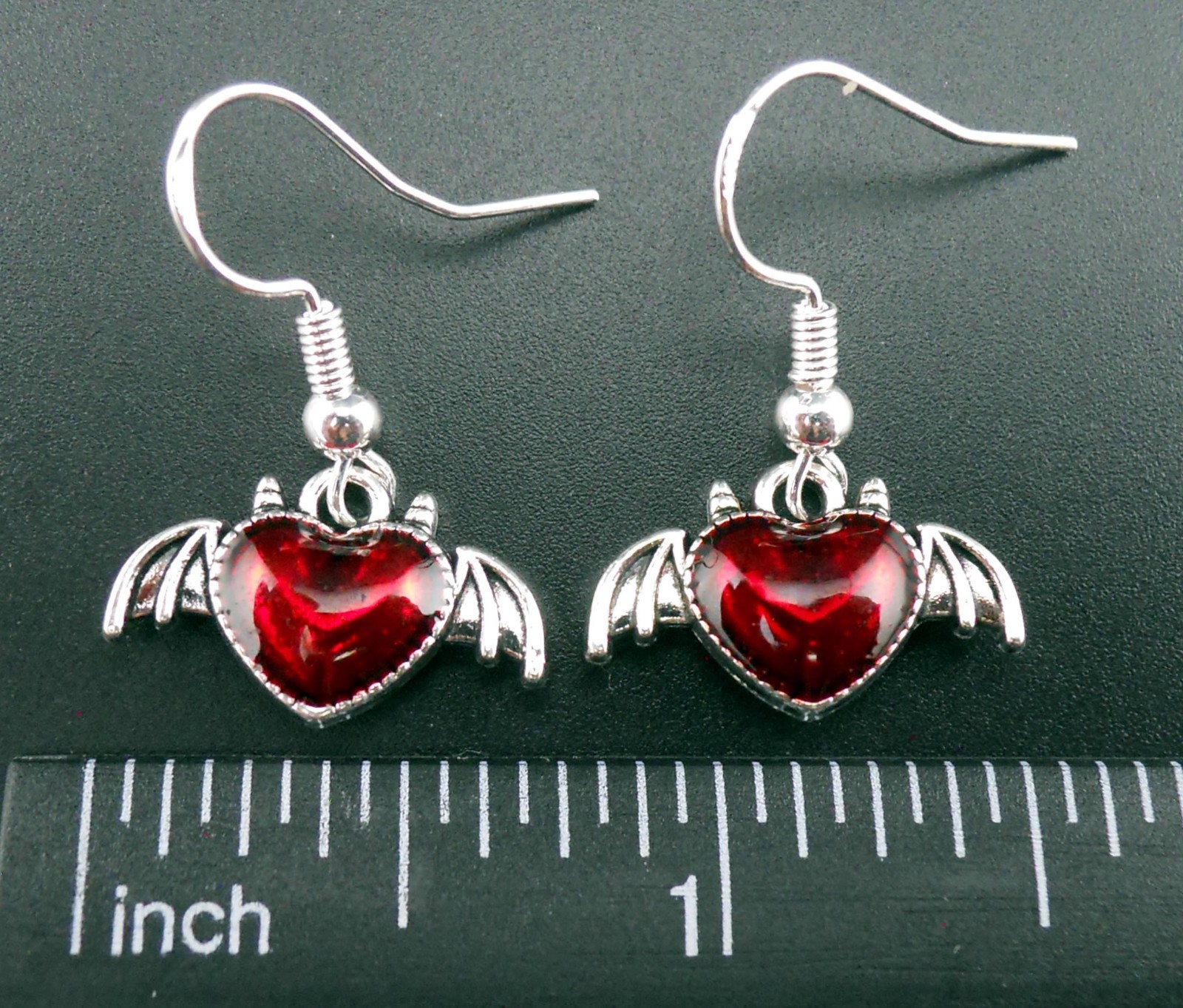 Blood Red Heart Earrings Sterling Silver Ear Wires Goth Bat Wings Devil Hearts