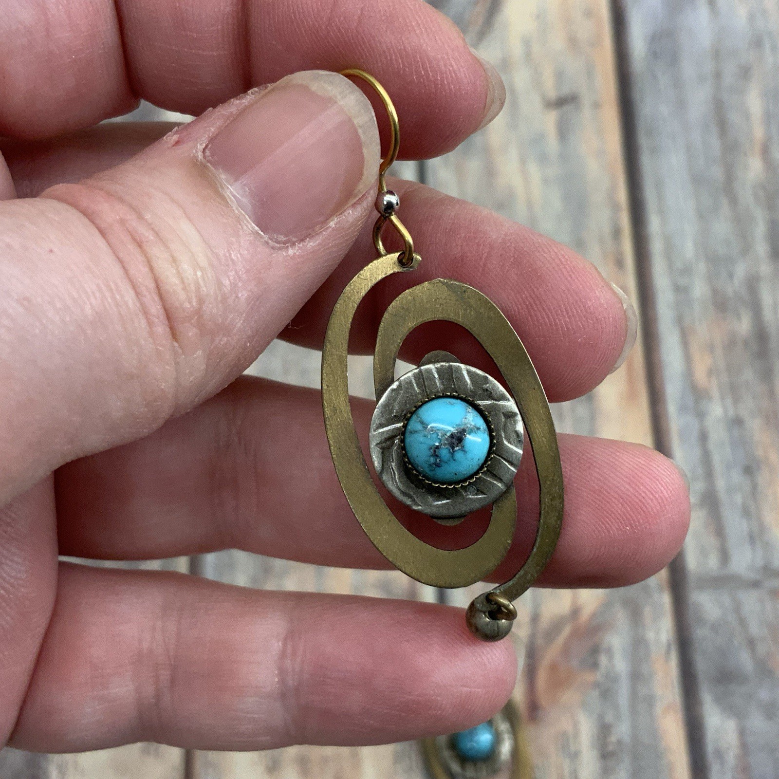Artisan brass spiral faux turquoise cabochon boho earrings