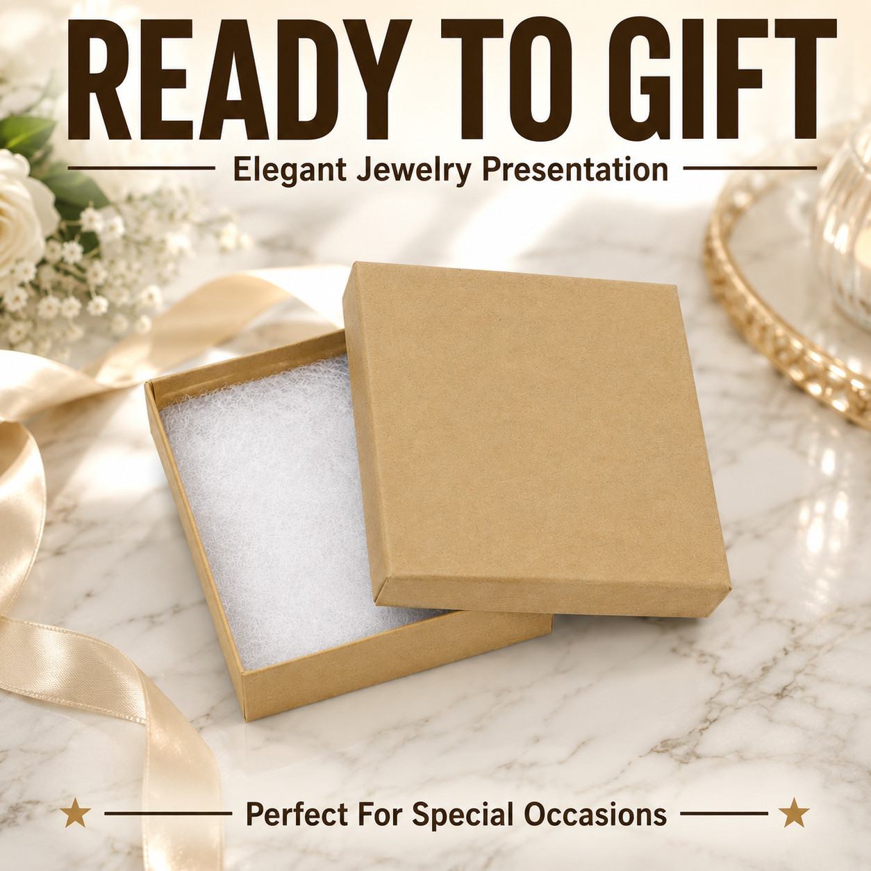 100 Natural Kraft Jewelry Gift Boxes Cotton Filled 3.5″ x 3.5″ x 1″