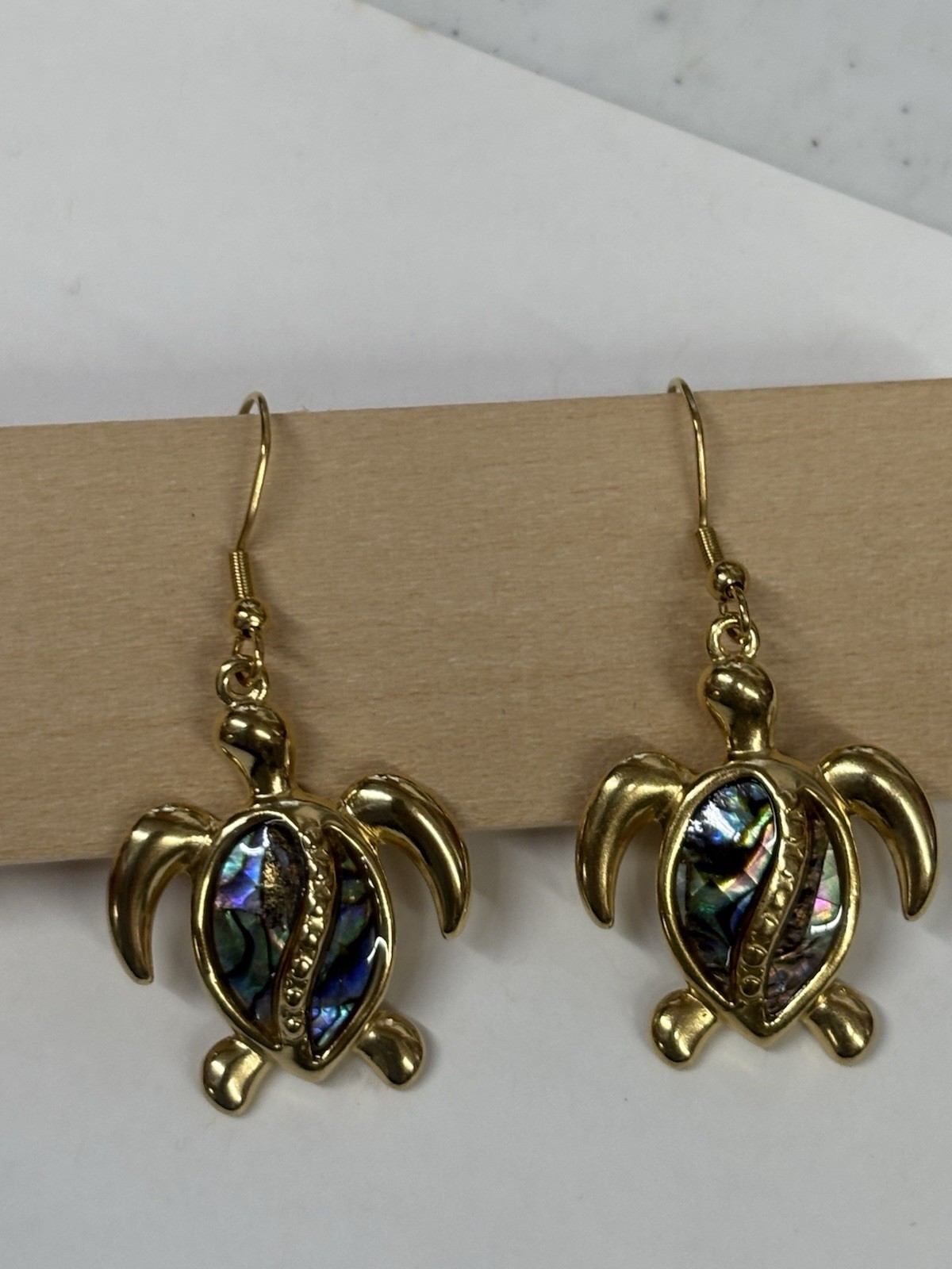 Turtle Gold Abalone Necklace Earrings Set Dangle Hook Coastal Sea Jewelry NEW